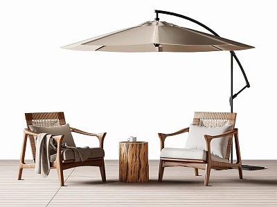 Cozy Outdoor Wooden Chairs With Wicker Details And Umbrella For Patio Setting 3d model