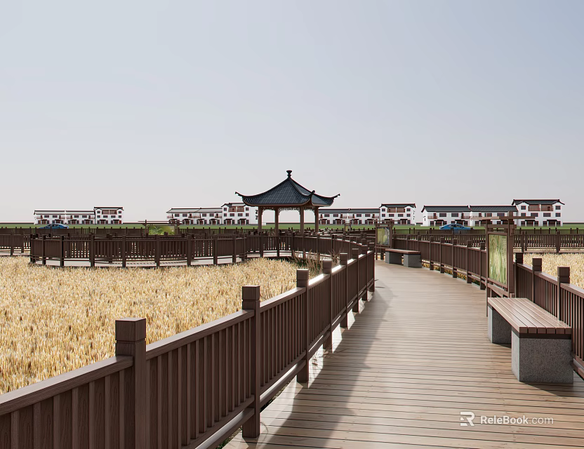 Wooden Road Walkway With Brown Railings Traditional Pavilion And Wheat Field View 3d model 