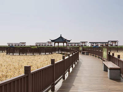Wooden Road Walkway With Brown Railings Traditional Pavilion And Wheat Field View 3d model