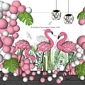 Inflatable Pink Flamingo Decorations With White Pink Balloons And Green Leaves