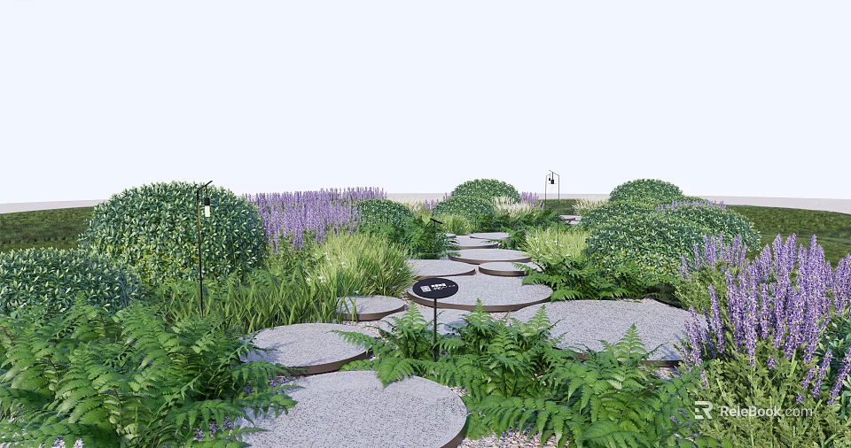 Stepping Stones in Garden Path Surrounded by Lush Greenery and Purple Flowers 3d model 