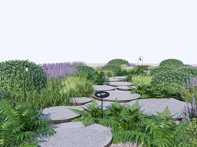 Stepping Stones in Garden Path Surrounded by Lush Greenery and Purple Flowers 3d model