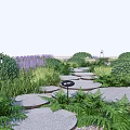 Stepping Stones in Garden Path Surrounded by Lush Greenery and Purple Flowers