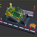 Detailed Yellow Bulldozer Miniature Model Scene With Road Traffic Cones And Street Lamp