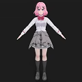 Anime woman with pink hair purple eyes white shirt red bow gray skirt black background