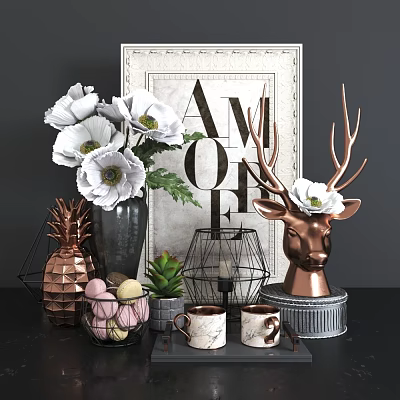Decorative Ornament Set With Copper Deer Head White Poppies Pineapple Decor Succulents And AMOR Art 3d model