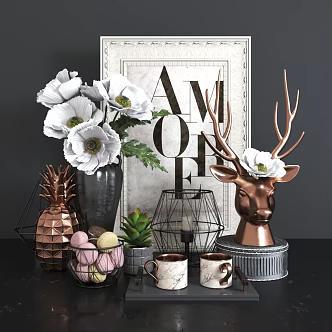 Porch Ornaments Metal Deer Head Macaron Ornaments Metal Pineapple Vase Flower Coffee Cup Combination European Style Decorative Painting Candle Ornaments 3d model