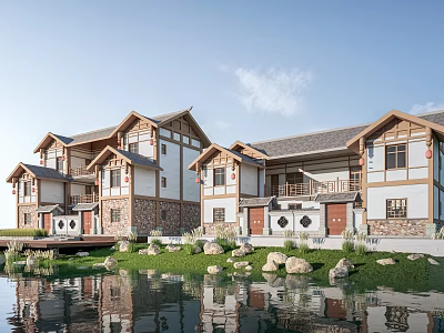 Traditional Detached Villa with Waterfront Garden and Natural Stone Landscaping 3d model
