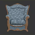 Elegant Vintage Blue Fabric Chair With Floral Pattern And Wooden Armrests