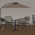 Outdoor Patio Umbrella With Round Table Four Chairs And Easel On Wooden Floor