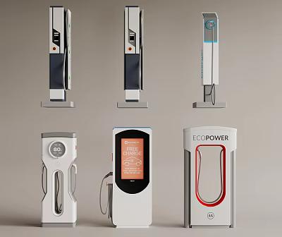 Modern EV Charging Stations With Various Designs And Functional Features 3d model