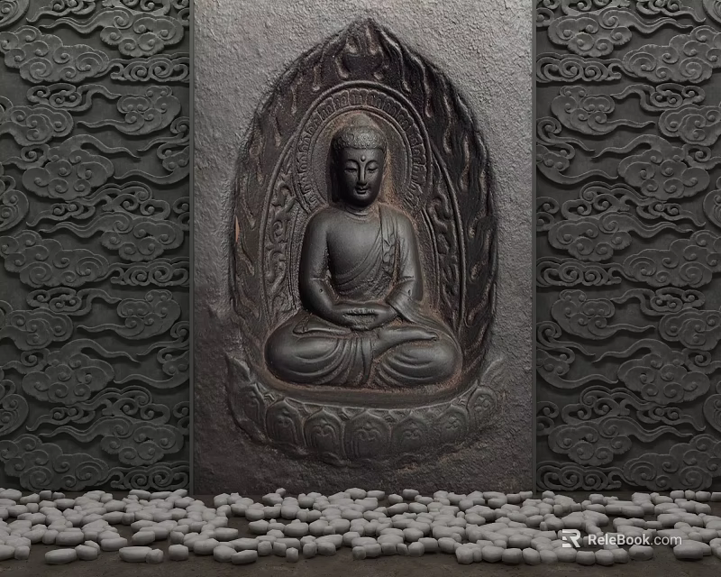 Artistic Buddha Relief Background Wall with Intricate Cloud Patterns and Stone Pebbles 3d model 
