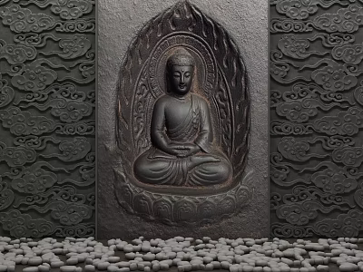 Artistic Buddha Relief Background Wall with Intricate Cloud Patterns and Stone Pebbles 3d model
