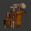 Vintage Brown Leather Armchair Interior With Stacked Books Small Lamp Pink Flower Vase And Sculptures