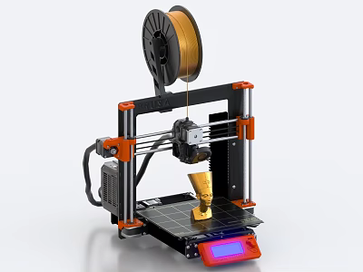Industrial 3D Printer With Golden Filament Printing Object And Black Orange Frame 3d model