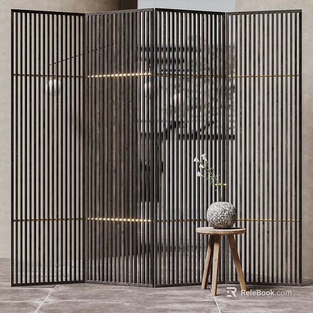 Black Vertical Slat Screen with Golden Accents and Small Wooden Table Vase Flowers Interior 3d model 
