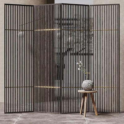 Black Vertical Slat Screen with Golden Accents and Small Wooden Table Vase Flowers Interior 3d model