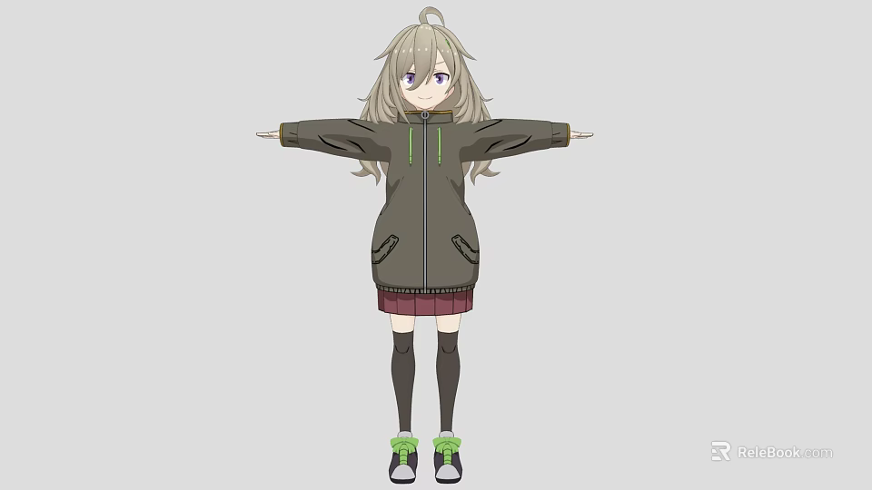 Woman with Long Hair in Gray Jacket Red Plaid Skirt Black Stockings and Arms Outstretched 3d model 