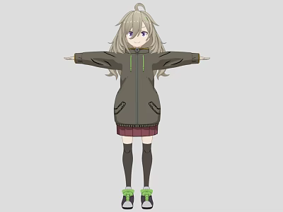 Woman with Long Hair in Gray Jacket Red Plaid Skirt Black Stockings and Arms Outstretched 3d model