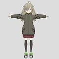 Woman with Long Hair in Gray Jacket Red Plaid Skirt Black Stockings and Arms Outstretched