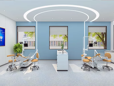 Bright Dental Clinic Interior With Blue Walls Windows And Dental Chairs 3d model