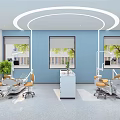 Bright Dental Clinic Interior With Blue Walls Windows And Dental Chairs