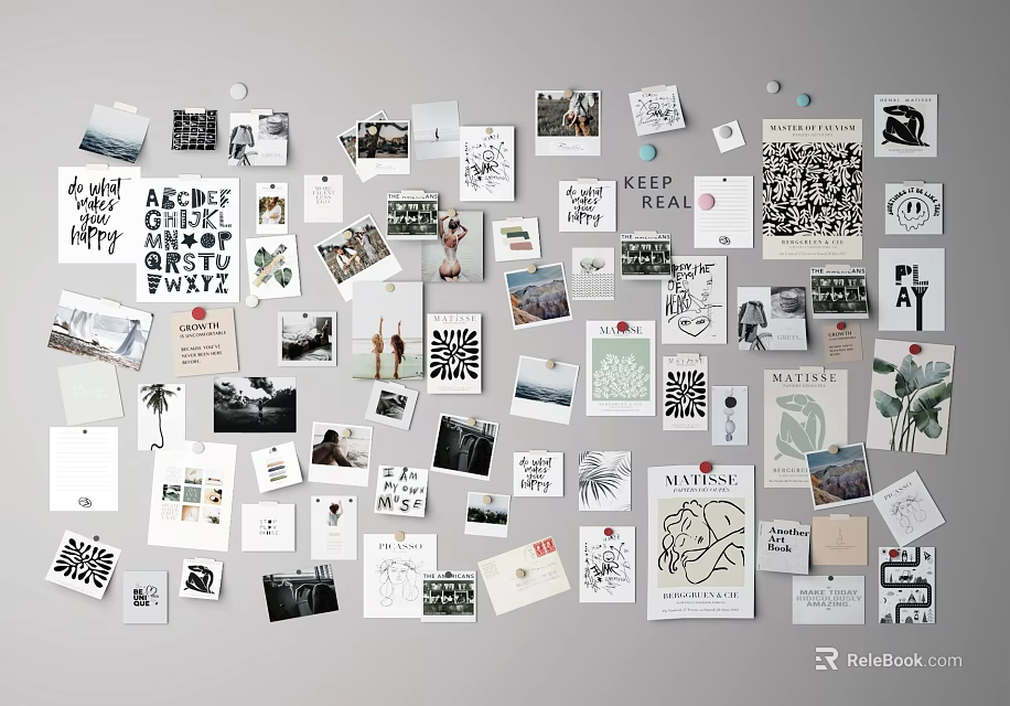 Photo Wall Featuring Black And White Photos Various Cards Hand Drawn Stickers And Text Art 3d model 