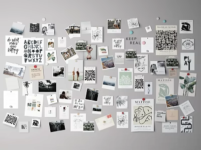 Photo Wall Featuring Black And White Photos Various Cards Hand Drawn Stickers And Text Art 3d model