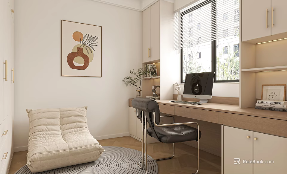 Modern Desk Workspace With Black Chair Computer Plant Window Blinds And Decorative Painting 3d model 