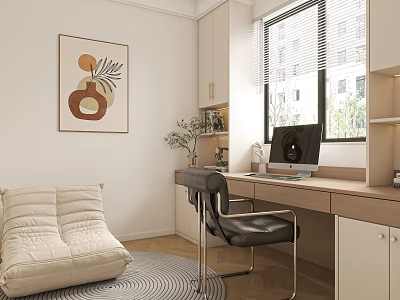 Modern Desk Workspace With Black Chair Computer Plant Window Blinds And Decorative Painting 3d model