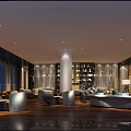 Modern Storefront Reception With Decorative Chandeliers Lounge Area Sofa And F Logo Sign