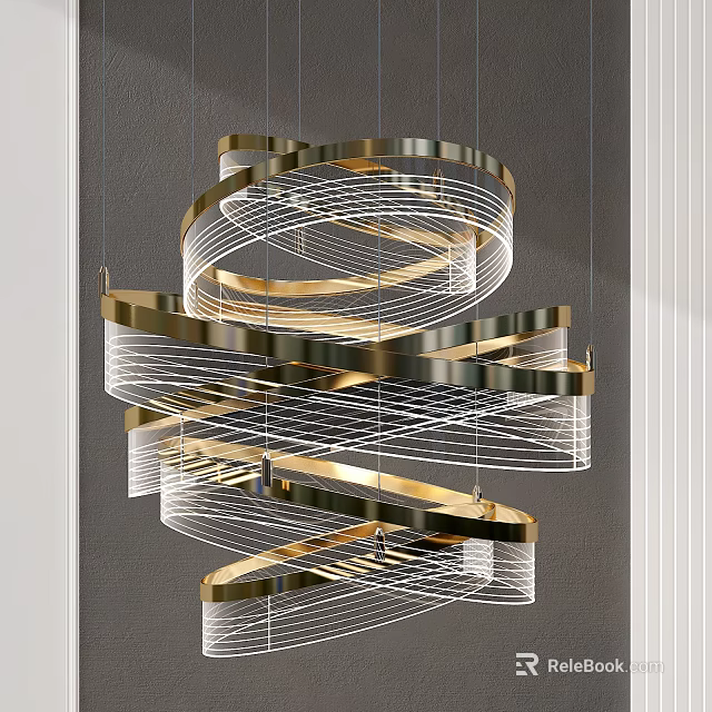 Modern Spiral Design Chandelier Featuring Gold Silver Metal Rings And Lines 3d model 