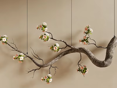Twisted Branch Hanging Decoration With White And Pink Flowers On Beige Wall 3d model