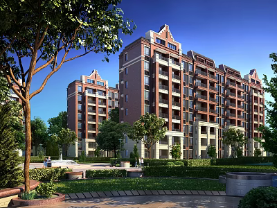 Modern Residential Apartment Buildings Exterior With Lush Greenery Trees And Garden Courtyard 3d model