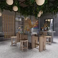 Modern Cafe Interior With Hanging Green Plants Round Pendant Lights Wooden Tables And Colorful Decor