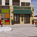 Vibrant Commercial Street with Multi Story Buildings Various Shops Pedestrians And Paved Plaza Area