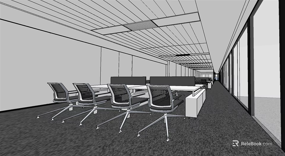 Spacious Public Office Space Interior With Ergonomic Chairs Workstations And Ceiling Design 3d model