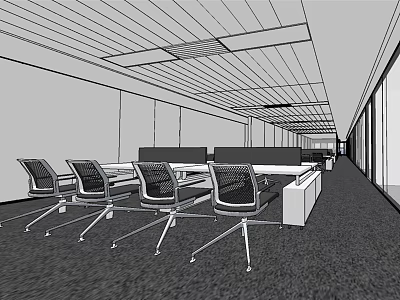 Spacious Public Office Space Interior With Ergonomic Chairs Workstations And Ceiling Design 3d model