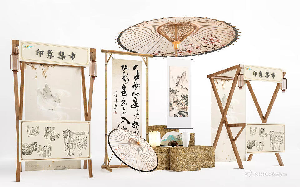 Traditional Chinese Garden Ornaments With Bamboo Structures Oil Paper Umbrellas Calligraphy Scrolls And Landscape Paintings 3d model 