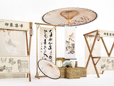 Traditional Chinese Garden Ornaments With Bamboo Structures Oil Paper Umbrellas Calligraphy Scrolls And Landscape Paintings 3d model