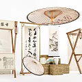 Traditional Chinese Garden Ornaments With Bamboo Structures Oil Paper Umbrellas Calligraphy Scrolls And Landscape Paintings
