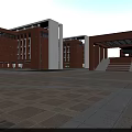 Modern School Building Brown Brick Exterior With Columns and Steps Facing Open Plaza Area