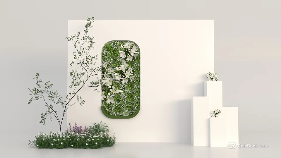 Art Installation With Oval Green Plant Wall White Flowers And Stepped Platforms 3d model 