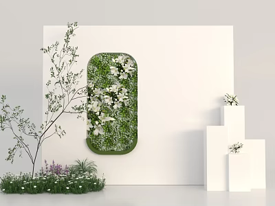 Art Installation With Oval Green Plant Wall White Flowers And Stepped Platforms 3d model