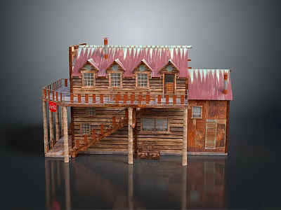 Wooden Cabin Model With Gabled Roof Red Edges Balcony And Staircase 3d model