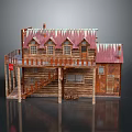 Wooden Cabin Model With Gabled Roof Red Edges Balcony And Staircase