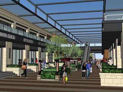 Vibrant Commercial Street Featuring Glass Canopy Shops Green Plants And Pedestrians 3d model