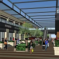 Vibrant Commercial Street Featuring Glass Canopy Shops Green Plants And Pedestrians