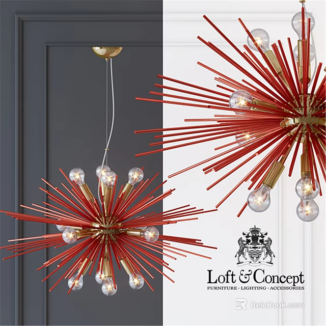 Red And Gold Starburst Chandelier With Glass Bulbs And Radiating Lines For Modern Loft Spaces 3d model 