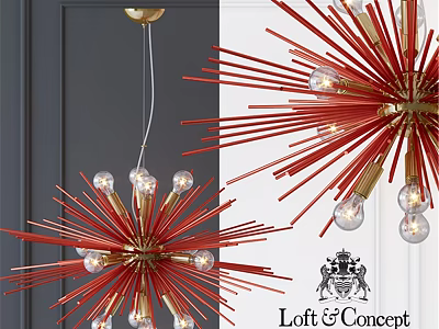 Red And Gold Starburst Chandelier With Glass Bulbs And Radiating Lines For Modern Loft Spaces 3d model